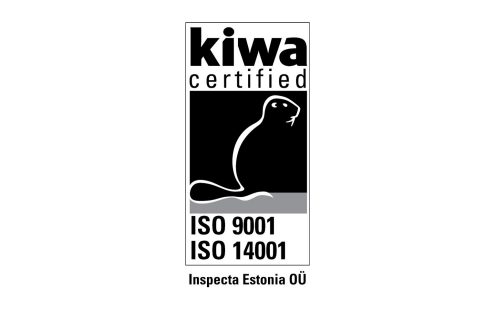 Kiwa bebra piktogramma un atsauces uz ISO 9001 un ISO14001 sertifikācijas shēmu.
