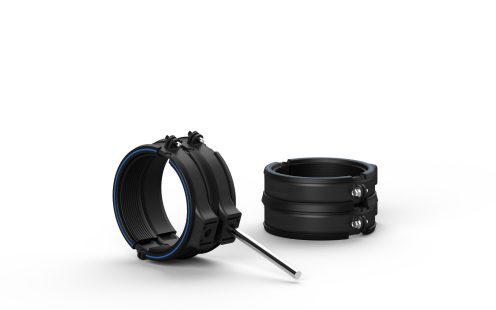 A product photo of two Master3Plus acoustic clamps on a whate background | Pipelife