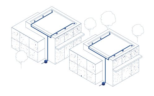 Ēku ar plakanu jumtu izometriska ilustrācija, kurā izcelta māju iekšējā lietus noteku sistēma | Pipelife